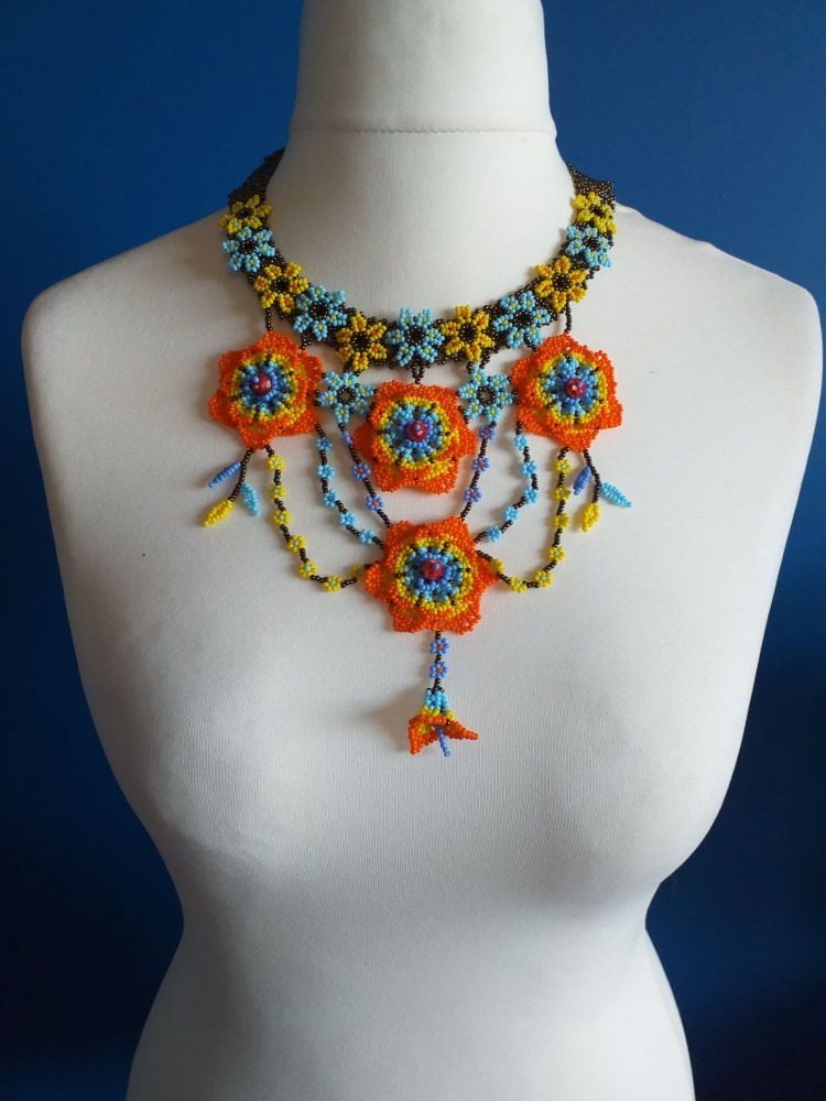 Victoriana Orange and Blue Flower Beaded Necklace