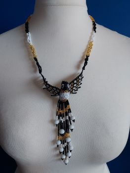Hummingbird Beaded Necklace - Black Gold White