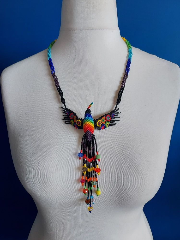 Hummingbird Beaded Necklace - Black Rainbow Spot