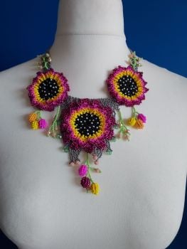 Purple 3 Flowers Huichol Necklace