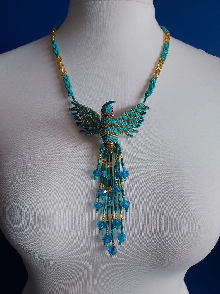 Hummingbird Beaded Necklace - Turquoise and Gold