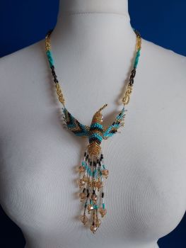 Hummingbird Beaded Necklace - Teal Gold Brown