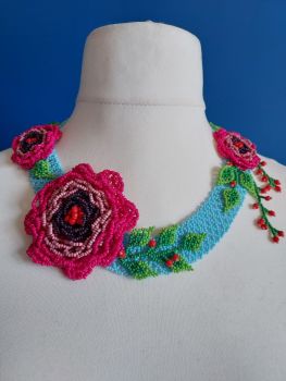 Turquoise and Fuchsia Pink Peony beaded Collar Necklace