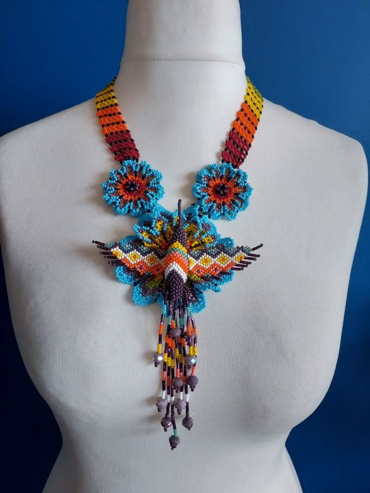 Hummingbird Flower Necklace - Blue Rainbow