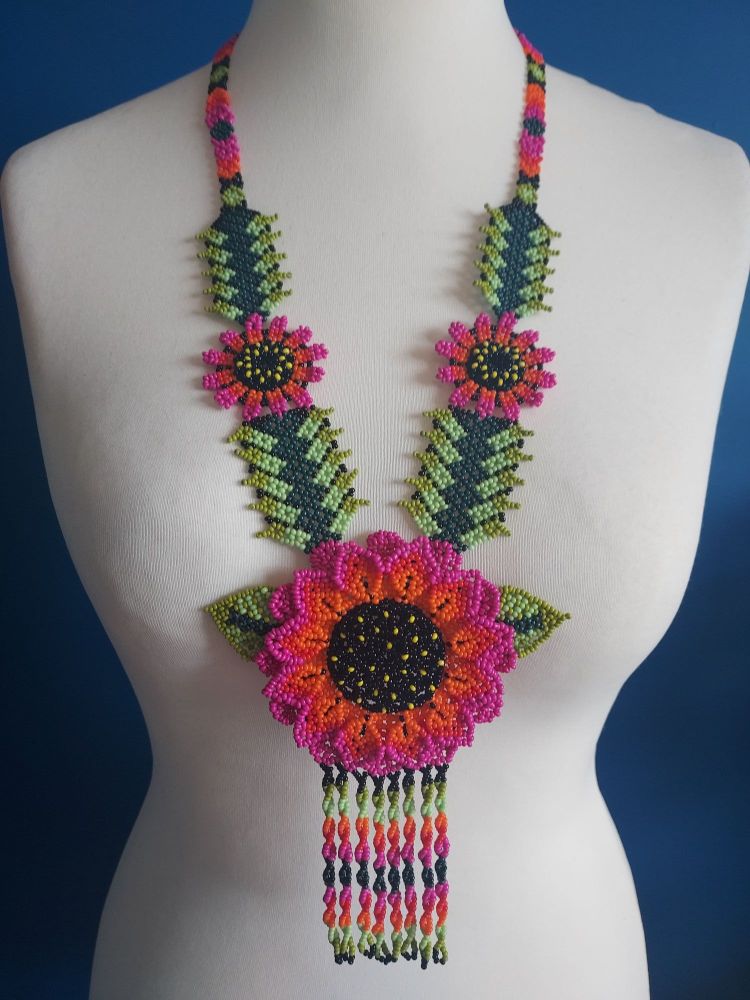 Beaded  Flower Necklace - Hot Pink Long Sunflower