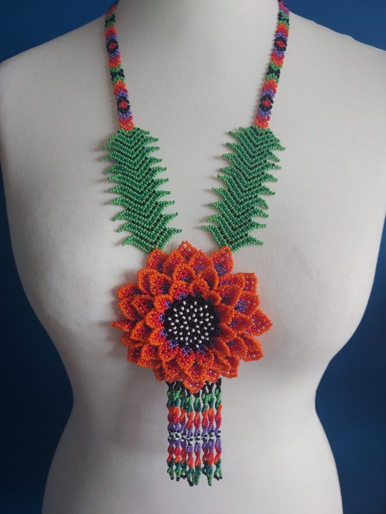 Beaded  Flower Necklace - Orange & Purple Long Sunflower