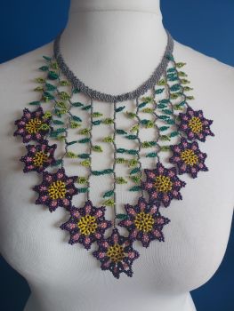 Purple & Grey Flowers Drop Beaded Necklace