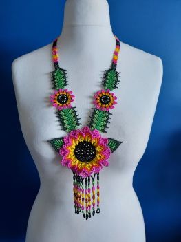 Beaded  Long Sunflower Necklace - Hot Pink