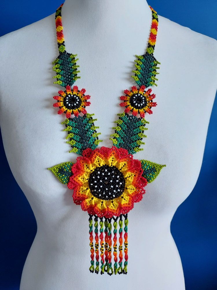 Beaded  Sunflower  Long Necklace - Red