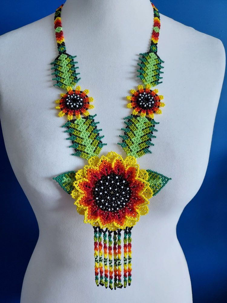 Beaded  Sunflower  Long Necklace - Yellow 1