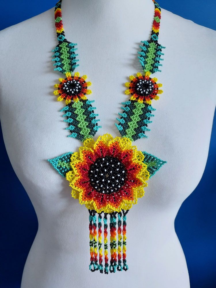 Beaded  Sunflower  Long Necklace - Yellow 2