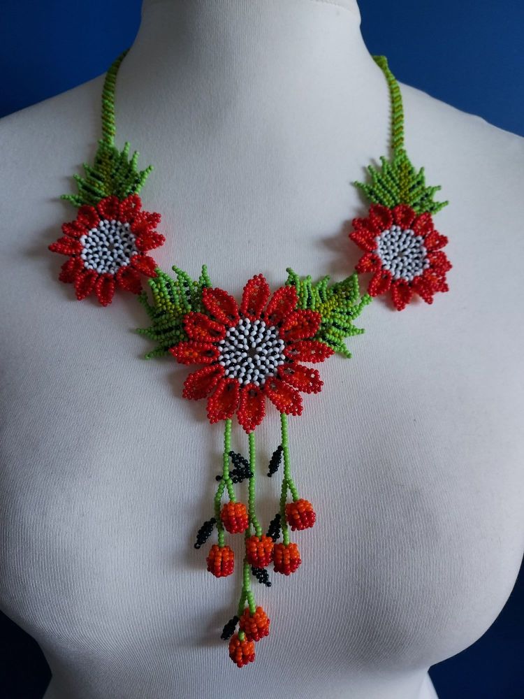 Shorter Length Beaded Necklace - Red & Orange