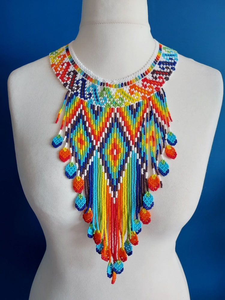 White Rainbow Aztec Drop Collar Necklace