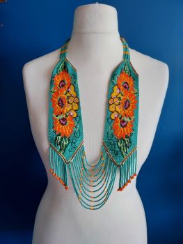 Turquoise and Orange Flower Panel Necklace