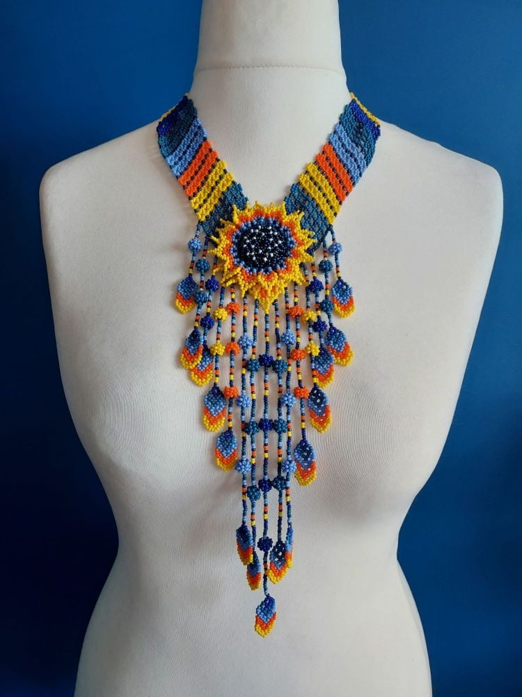 Stripe V Flower Drop Necklace - Blue