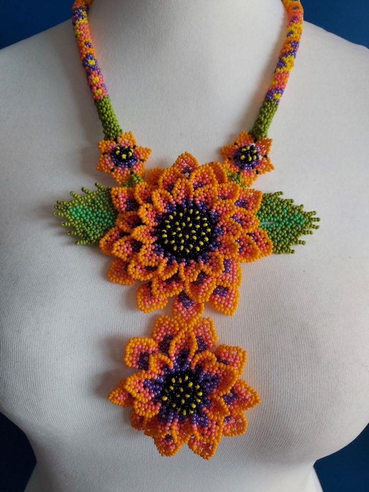 Beaded Rope Flower Necklace - Double Sunflower