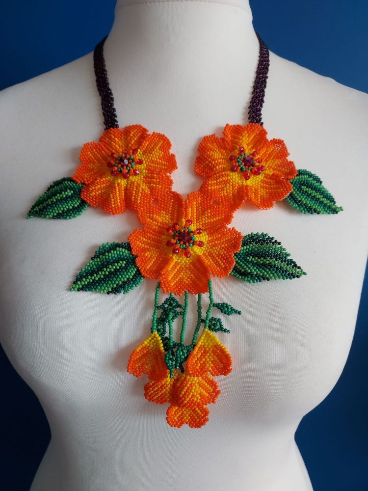 3 Joined Flower Necklace - Orange