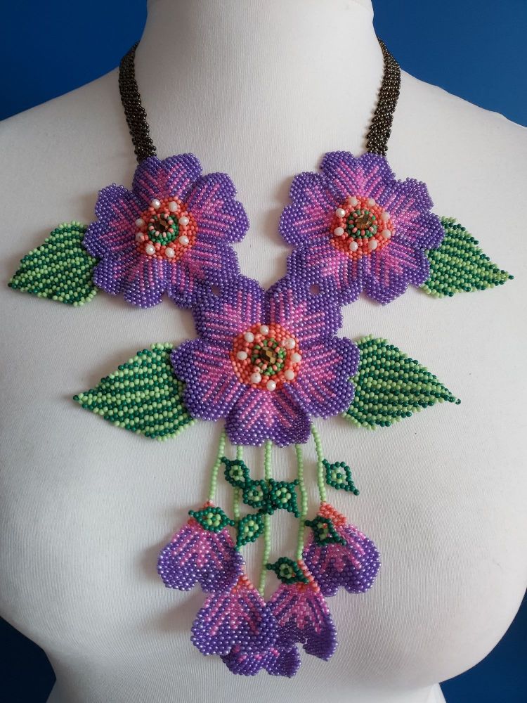 3 Joined Flower Necklace - Purple