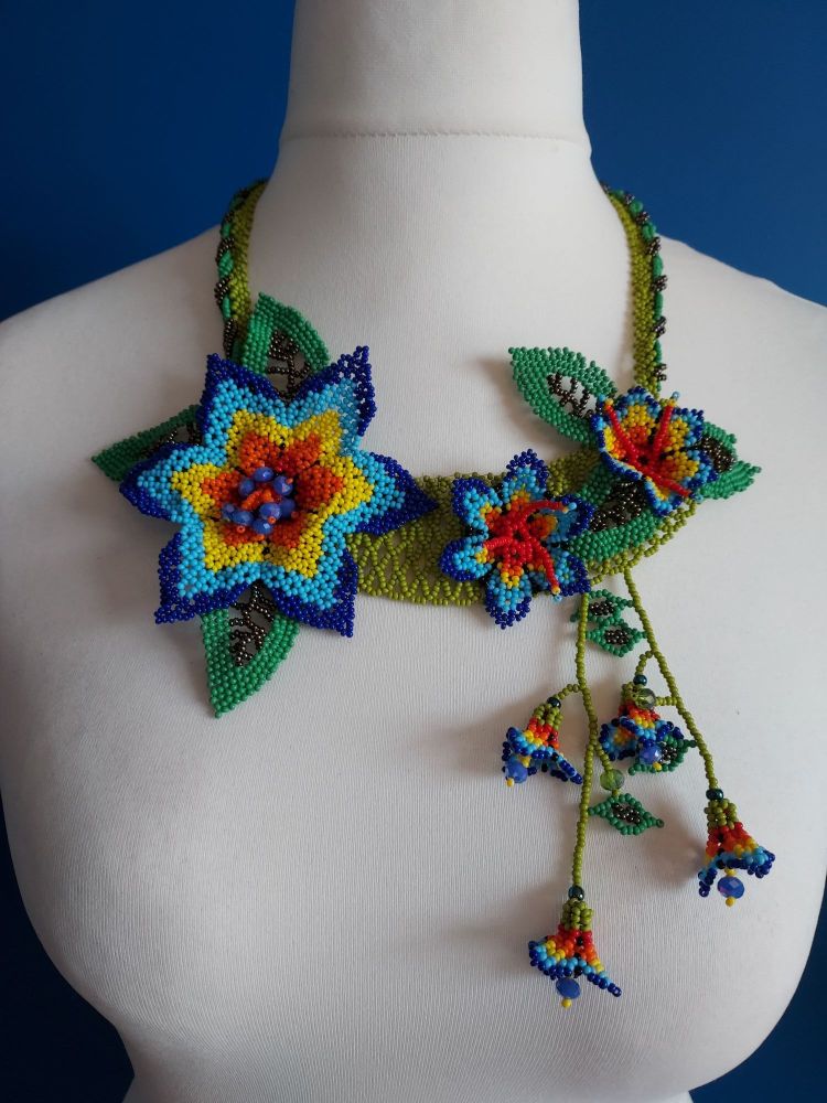 Off Centre Flower Necklace - Blue 1