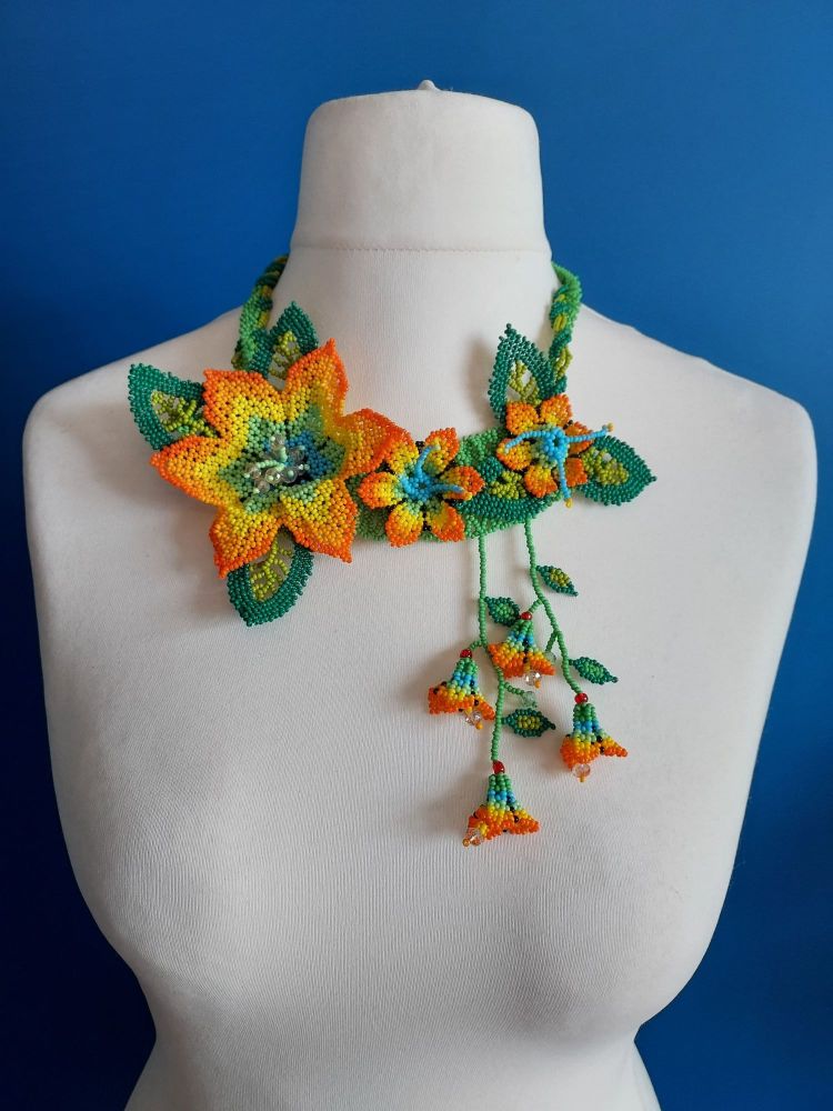 Off Centre Flower Necklace - Orange 2