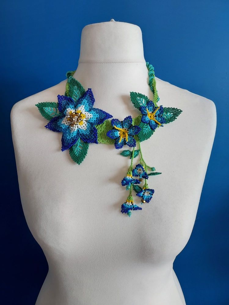Off Centre Flower Necklace - Blue 4