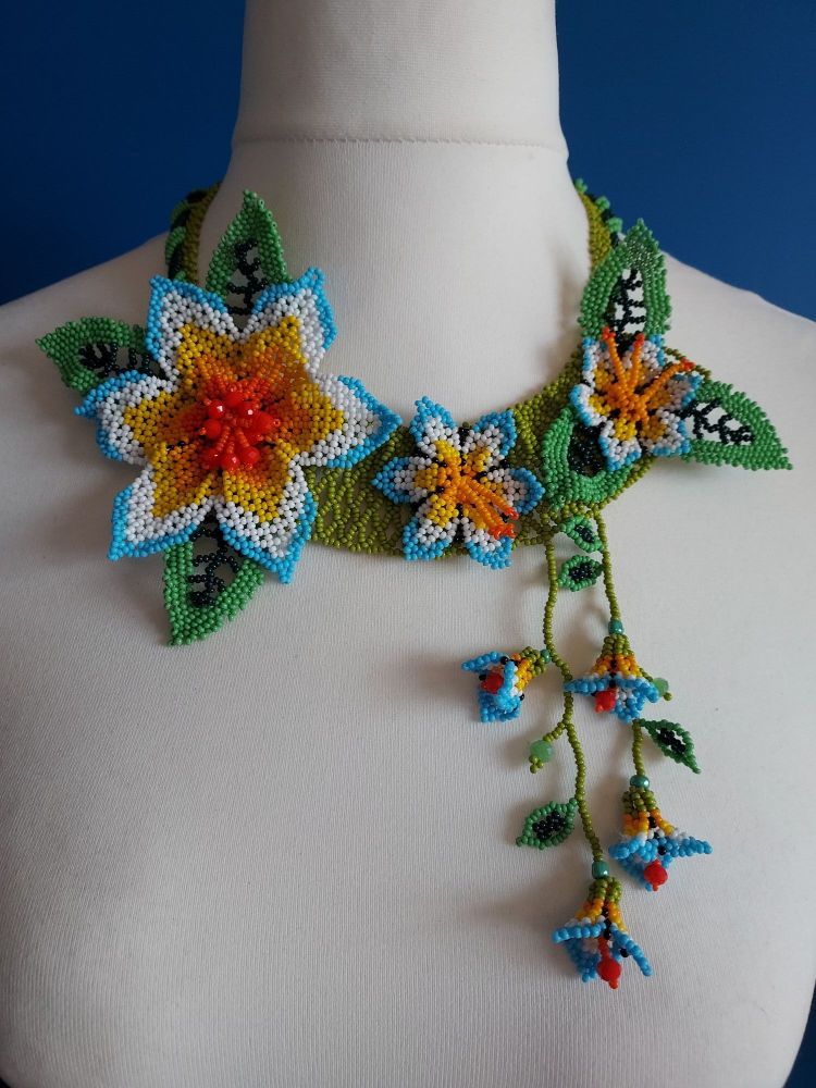 Off Centre Flower Necklace - White and Blue
