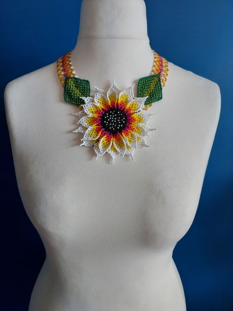 Statement Sunflower Beaded Collar Necklace - White