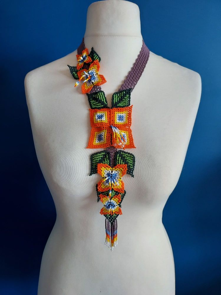 Long Huichol Square Flower Necklace - Purple