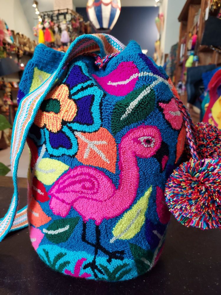 Colombian Wayuu Mochila Bag - Dark Teal Flamingo