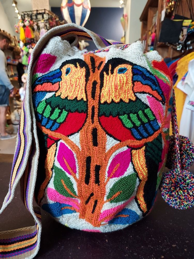 Colombian Wayuu Mochila Bag - Double Toucan on Beige