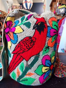 Colombian Wayuu Mochila Bag - Beige Flowers and Cardinal Bird