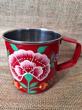 Indian Metal Mug - Red Flower