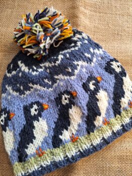 Puffins - Handknitted Bobble Beanie Hat