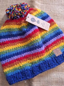 Rainbow Stripe - Handknitted Bobble Beanie Hat
