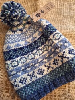 Fairisle Blue - Handknitted Bobble Beanie Hat