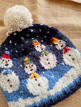 Snowman - Handknitted Bobble Beanie Hat