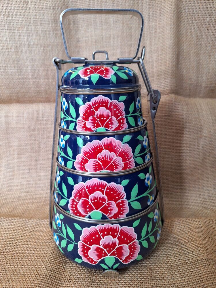 Indian Metal 4-tier Tiffin Tin - Blue Flower