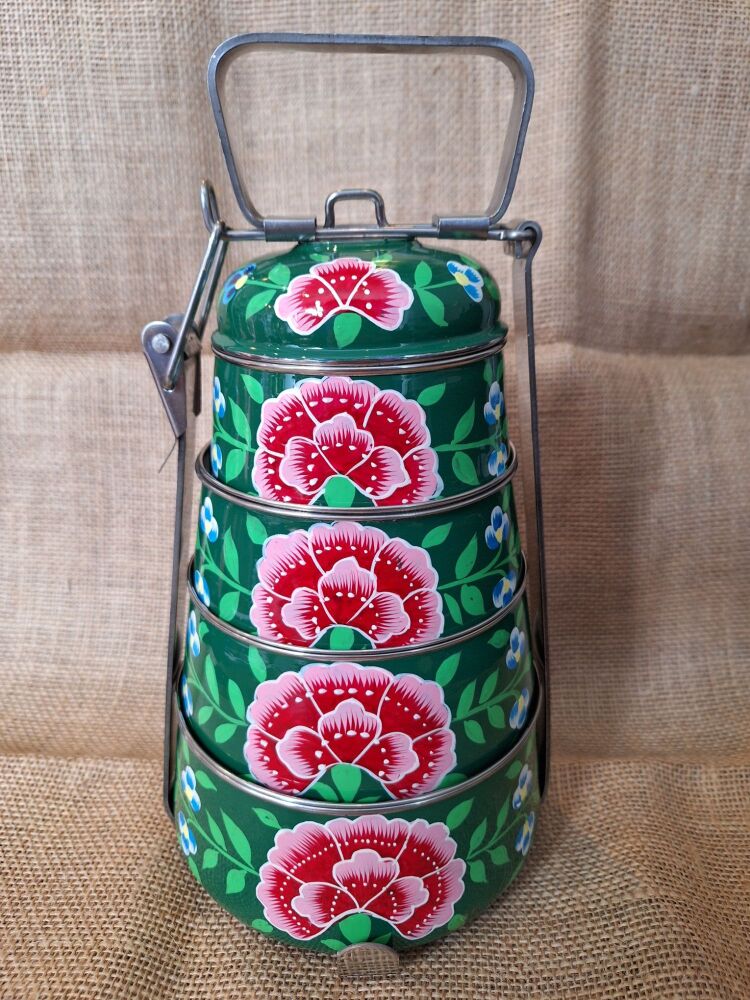 Indian Metal 4-tier Tiffin Tin - Green Flower