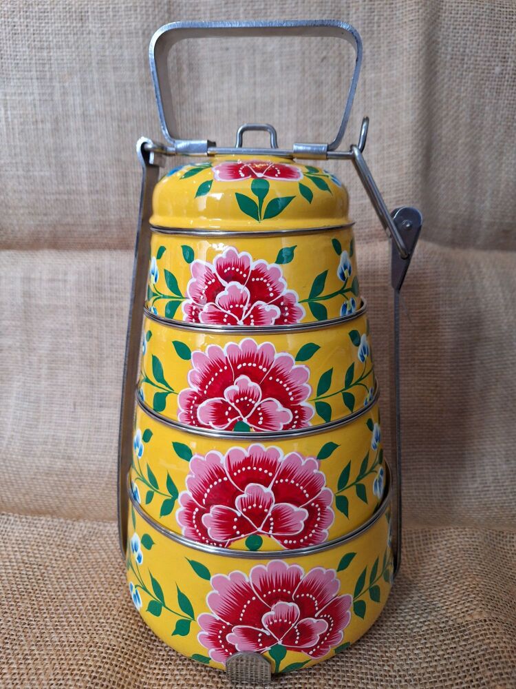 Indian Metal 4-tier Tiffin Tin - Yellow Flower