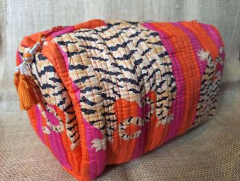 Indian Cotton Toiletries Bag - Large Pink & Orange Tiger