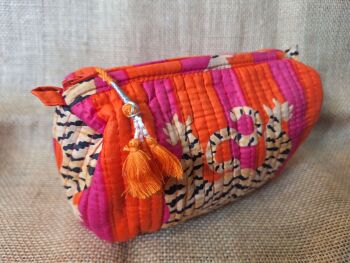 Indian Cotton Toiletries Bag - Small Pink & Orange Tiger