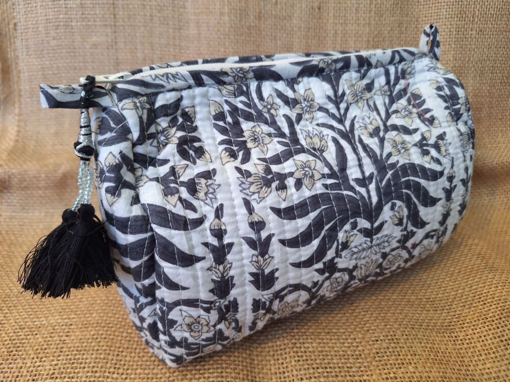 Indian Cotton Toiletries Bag - Medium Grey & White Floral