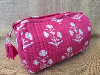 Indian Cotton Toiletries Bag - Small Hot Pink Motif
