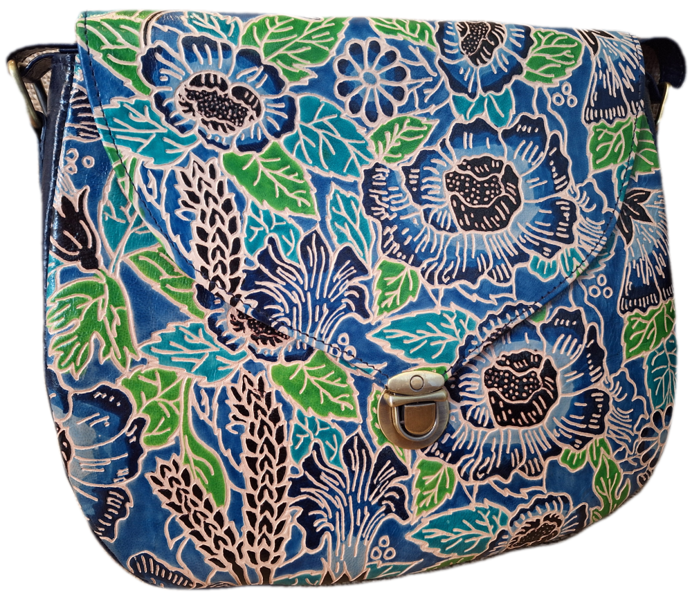 Embossed Leather Handbag - Blue Floral