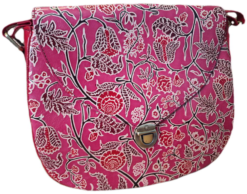 Embossed Leather Handbag - Cerise Floral