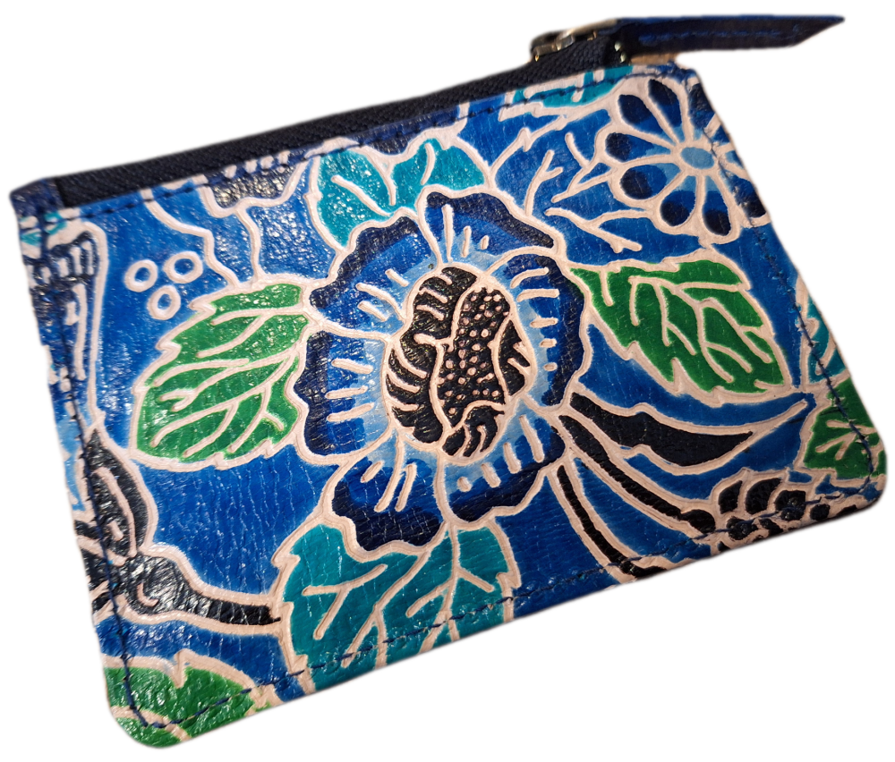 Embossed Leather Card/Coin Purse - Blue Floral