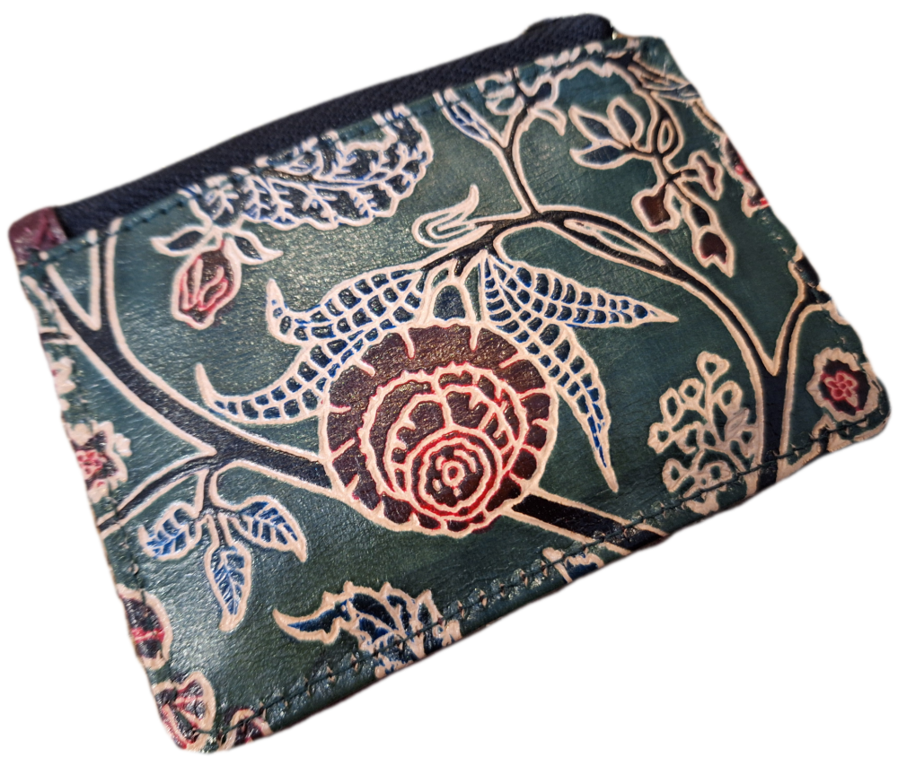 Embossed Leather Card/Coin Purse - Green Floral