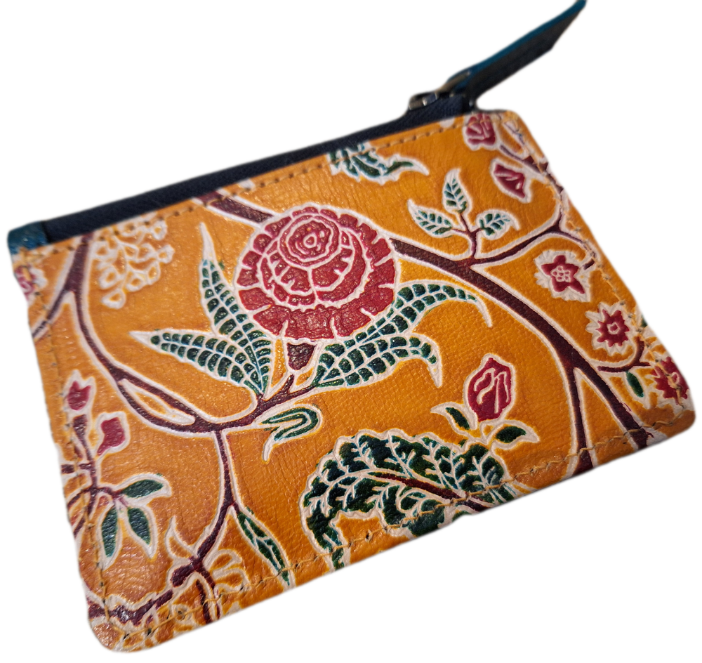 Embossed Leather Card/Coin Purse - Ochre Floral