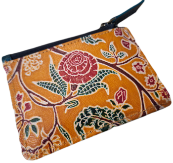 Embossed Leather Card/Coin Purse - Ochre Floral