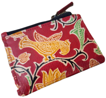 Embossed Leather Card/Coin Purse - Red Bird Floral